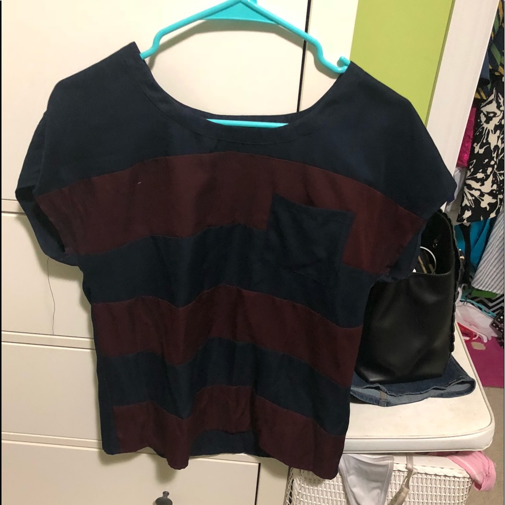 The Limited Navy & Maroon Striped Pocket Blouse